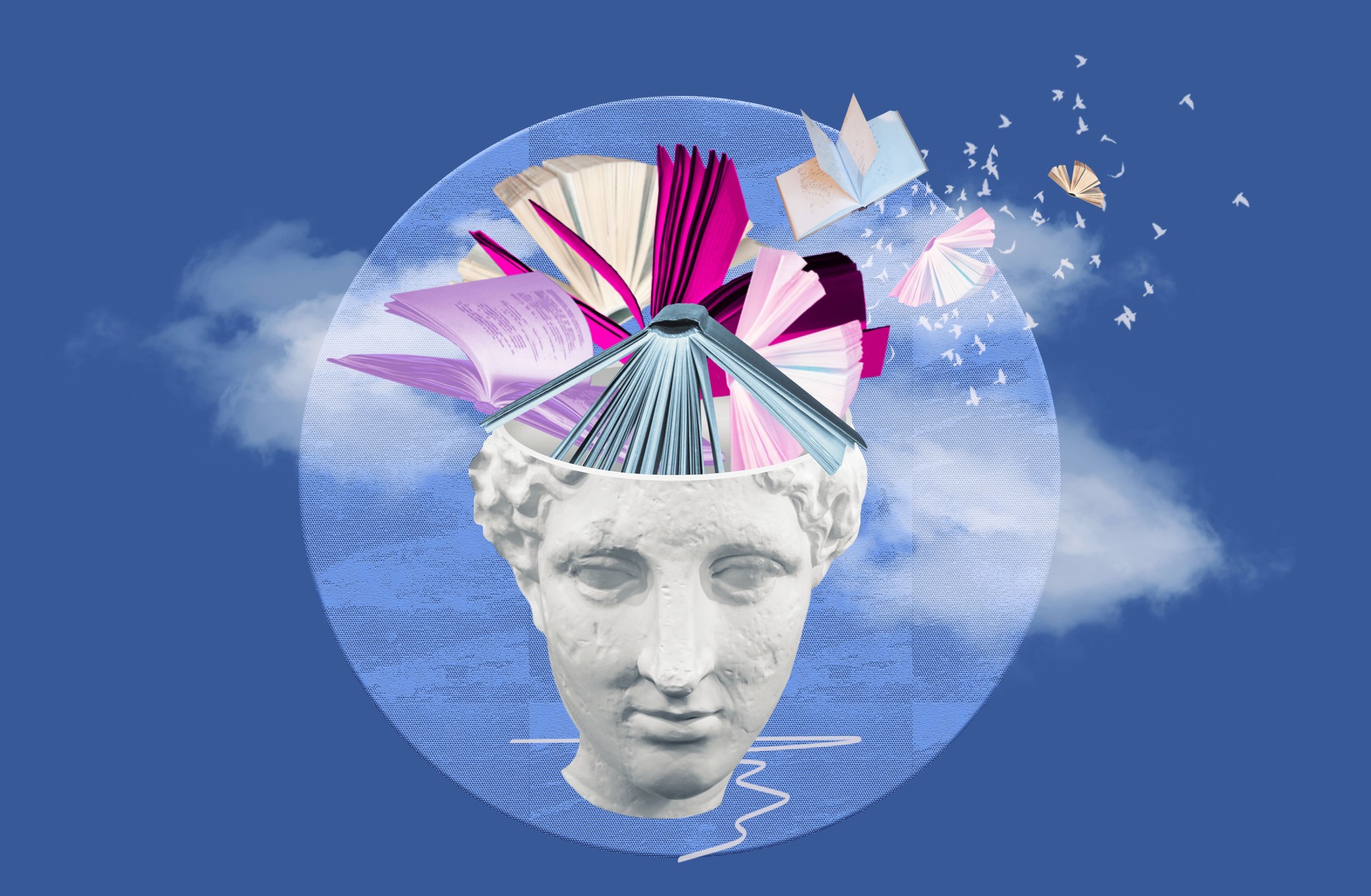 Abstract human antique statue and books. Creative idea symbol, art design or collage. Mental Health, thinking, psychology, education concept